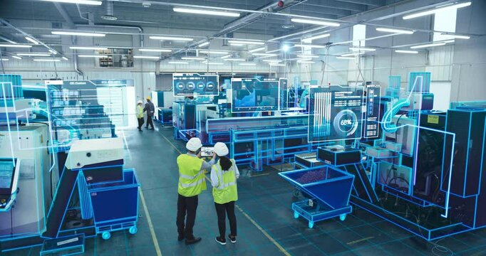 Two Engineers in Safety Vests Use a Tablet to Interact With Holographic Data in a High-tech Factory, Activate AI Facility Analysis, Advanced Machinery, Digital Interfaces, Futuristic Manufacturing
