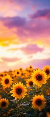 Fototapeta premium Field of golden sunflowers against a brilliant sunset sky, with warm tones of pink, orange, and purple Midangle shot, soft lighting, calm and serene mood