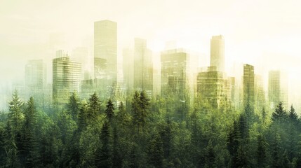 Fototapeta premium A misty city skyline emerges above a lush, green forest, blending urban and natural elements in a serene environment.
