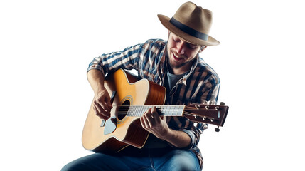 An enthusiastic musician playing an acoustic guitar isolated on a transparent background, PNG 