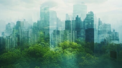 A misty cityscape with towering skyscrapers intertwined with lush greenery, creating a surreal blend of urban and natural elements.