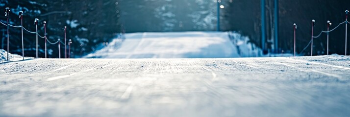 Snowy Ski Slope Trail in Winter Mountains