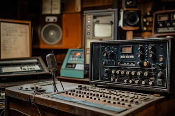 Fototapeta premium Vintage audio equipment in a music studio. A microphone stands next to mixing consoles. Nostalgic vibes fill the room. Perfect for music lovers and artists. Generative AI