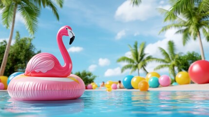Obraz premium Colorful Tropical Pool with Flamingo Float