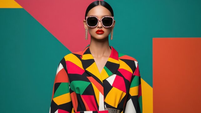 Runway model wearing avant-garde fashion, bold colors and geometric shapes
