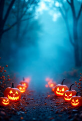 Naklejka premium Happy Halloween Banner with Blue Fog and Pumpkins