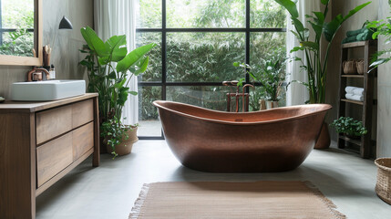A large copper bathtub is situated in the center of an open-plan bathroom