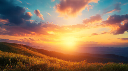 Fototapeta premium A breathtaking sunset over a distant hill, casting warm colors across the sky.