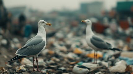 Obraz premium Overflowing Landfill Site with Plastic Waste and Birds