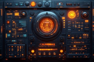 Futuristic control panel with glowing orange elements against a dark background.