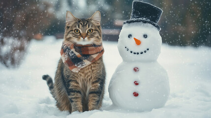 Cat wearing a scarf next to a snowman snowy background
