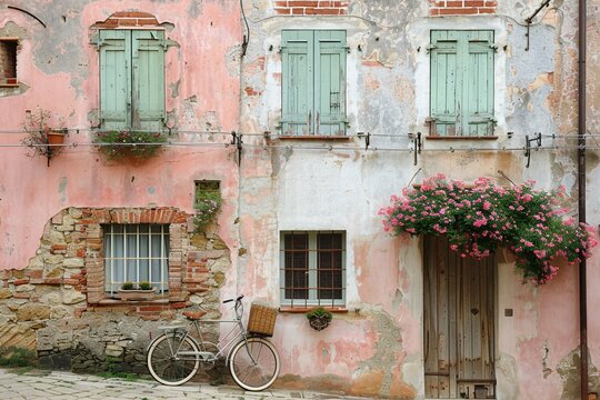 A quaint house features faded pink walls adorned with green shutters and vibrant flower baskets. A bicycle rests against the building, enhancing the rustic village atmosphere - Powered by Adobe