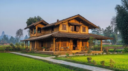Obraz premium Bamboo House in Nepal: Beautiful Rural Architecture in a Wooden Village