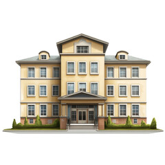 Fototapeta premium Charming four story residential building with yellow facade, featuring large windows and welcoming entrance. well maintained landscaping adds to its appeal