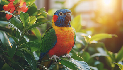 Colorful macaw perching on branch in tropical forest generated by AI