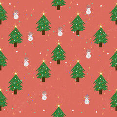 Festive pattern of trees and snowmen on red background