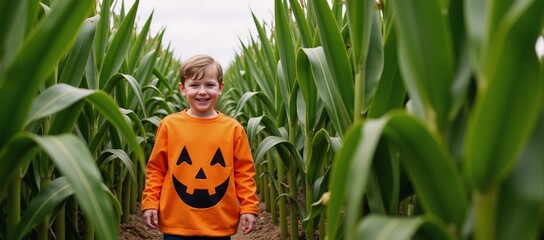 A scared boy poses inside a cornfield amidst towering stalks while standing on a large orange pumpkin during Halloween