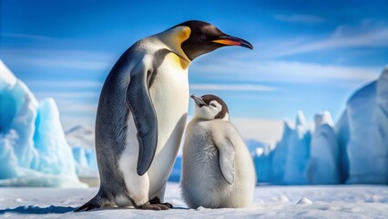 Naklejka premium Tender Care of Emperor Penguin Parent and Chick in Antarctic Wilderness