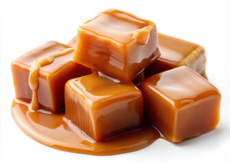Caramel candies and caramel topping isolated on white background with clipping path