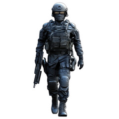 tactical soldier in action, equipped with advanced gear and weaponry, exudes confidence and readiness. soldiers black uniform and protective equipment highlight serious and professional demeanor