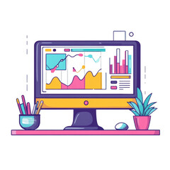 Data Visualization - Flat Design Illustration: A modern, minimalist desktop computer screen displays data charts and graphs, showcasing the power of data visualization in a flat design style.  