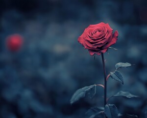 Single red rose in the middle of a field of green leaves - Outdoor