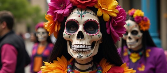 A Mexican Day of the Dead-inspired portrait featuring a Halloween-themed La Catrina design adorned with scientific elements and a human skull motif