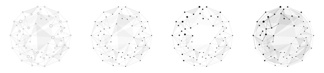 Set of connected web dots global data placed in a sphere shape, black and white data concept, background with geometric vector illustration for business, inter-connected data cloud technology