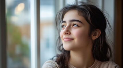 Stock minimalist photograph of a teenage girl with a serene smile, gazing thoughtfully out a window, her face softly illuminated by natural daylight with a blurred, cozy room in the background