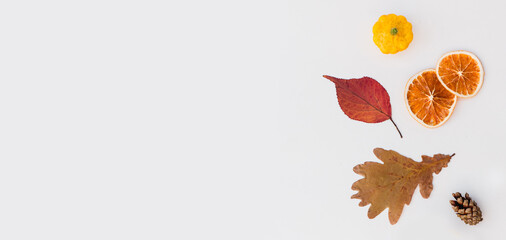 Autumn holiday frame composition with pattern made of leaf, punpkins, dried orange, pine cone on...