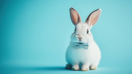Obraz premium Stock minimalist photography of a rabbit with a tiny bow tie, standing on a smooth blue background with minimal shadows for a clean, sophisticated look