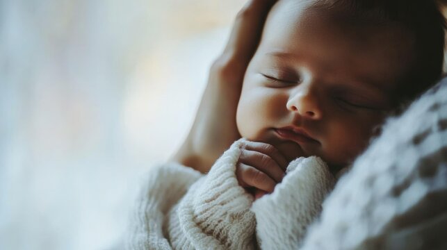 Close-up of a newborn resting in the mother arms, tiny hand on her chest, side view with simple composition and copy space.