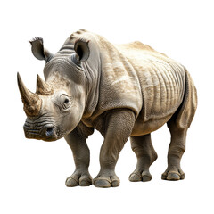 Fototapeta premium Majestic rhinoceros standing proudly, showcasing its impressive horn and textured skin. This powerful animal embodies strength and resilience in its natural habitat
