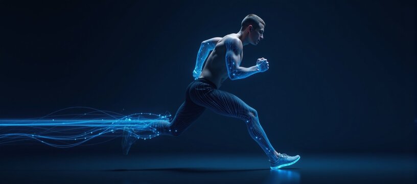 Digital Concept Blue-glowing wireframe athlete running against dark backdrop technology-inspired fitness