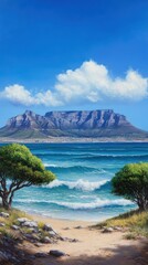 Fototapeta premium A picturesque beach scene featuring waves lapping at the shore, framed by lush greenery and a backdrop of a majestic mountain under a bright blue sky.