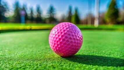 Naklejka premium A pink golf ball on a green putting green with a shallow depth of field, showcasing the texture of the ball and the artificial turf.