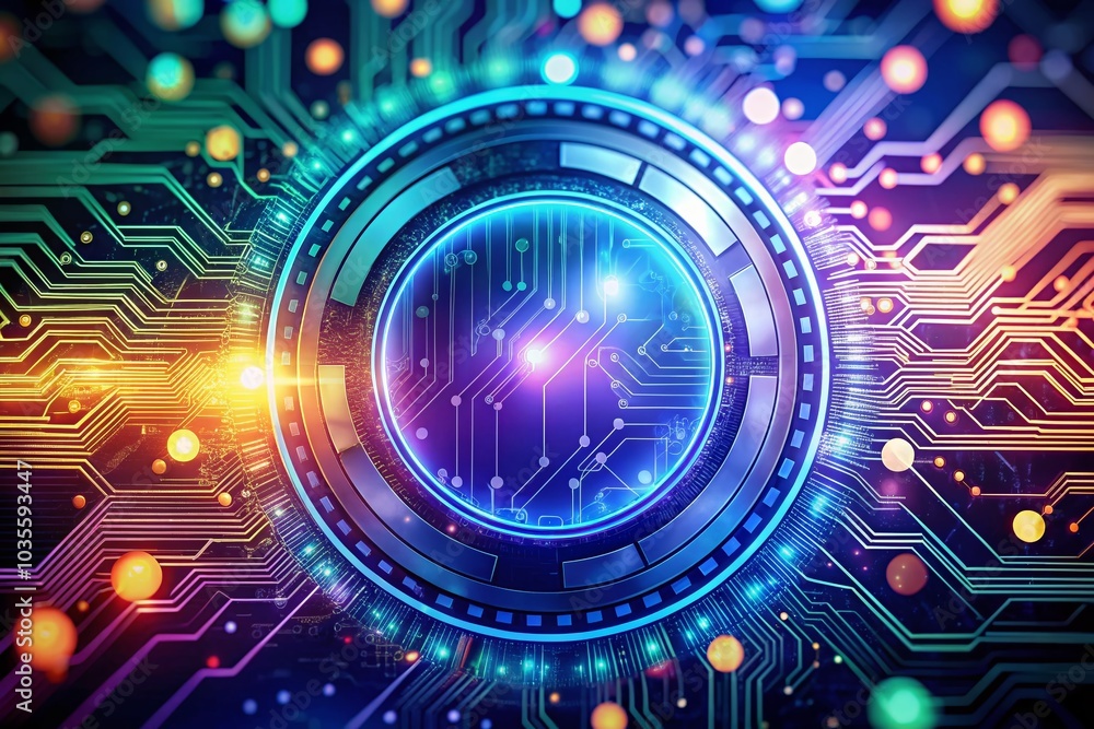 Poster abstract technology background with high depth of field, circular circuit design, hitech digital con