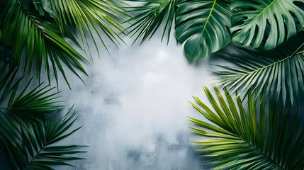 Tropical leaves with vibrant green tones, casting intricate shadows on a grey tabletop, with a minimalist white background adding a serene touch