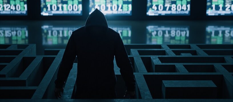 Hooded hacker silhouette amidst glowing binary codes and screens displaying number sequences