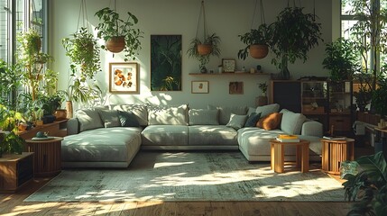 A serene and inviting living room featuring a spacious gray sectional sofa surrounded by lush greenery and warm, natural light.