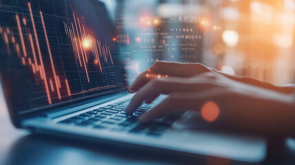 Typing on laptop with financial data and graphs displayed, showcasing analysis