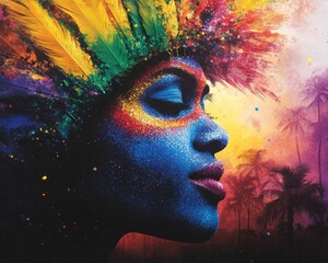 Fototapeta premium A vibrant portrait showcasing a woman with colorful face paint and a feathered headdress, set against a vivid, mystical background.