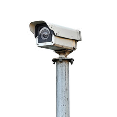 Surveillance camera mounted on metal pole, capturing surroundings with watchful eye. This device is essential for security and monitoring in various environments