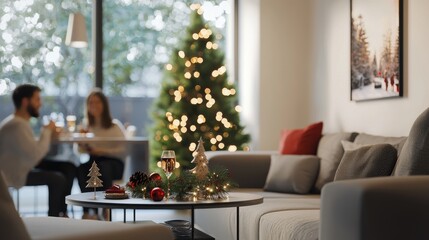 A modern living room with minimalist holiday decor where friends gather for a casual Christmas brunch cheerful conversation and bright smiles filling the space