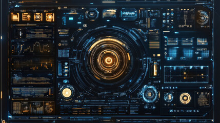 Futuristic graphical user interface with circular design elements and data displays