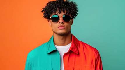 Obraz premium Streetwear model posing in a futuristic urban setting, bold colors and modern design