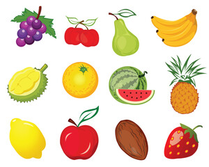 The fruits are apple, lemon,banana, orange, pear, pineapple, grapes, cherries, strawberry and watermelon.Vector illustration flat design fresh fruits in cartoon style.fruit set.fruit cartoon design.