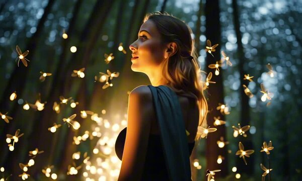 a woman sprinkled in pixie fairy dust floating upwards among glowing fireflies. Magical glade at night