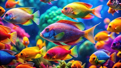 A vibrant underwater world teeming with colorful fish, their scales shimmering with an iridescent glow as they dart through the coral reef.