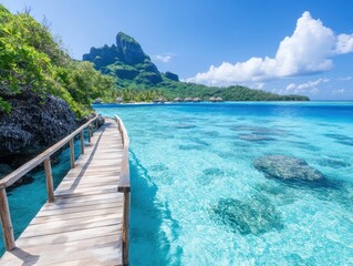 Obraz premium A serene wooden walkway leads through crystal-clear turquoise waters, framed by lush greenery and majestic mountains under a bright blue sky.